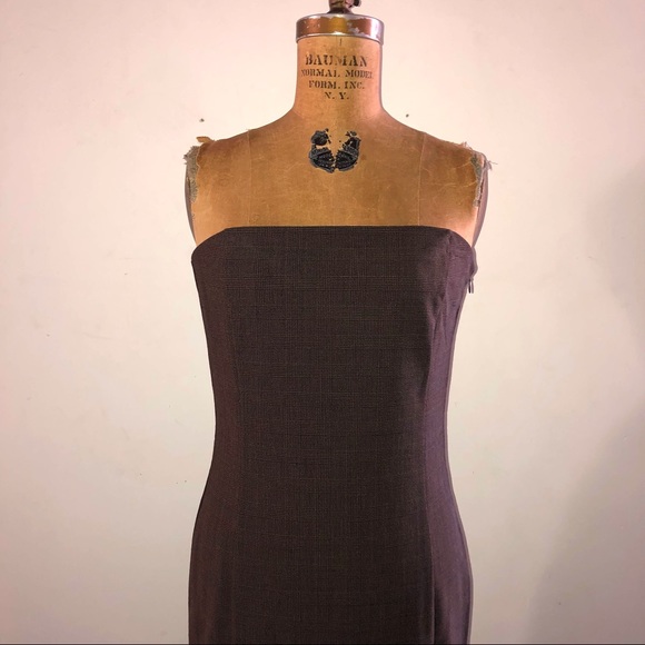 une] Brown Classic Plaid Wool Strapless Sexy Elegance Bodycon Strapless Dress - Picture 2 of 12